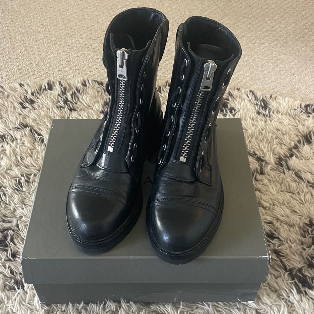 All Saints Ariel Black Ankle Boots with Silver Zipper